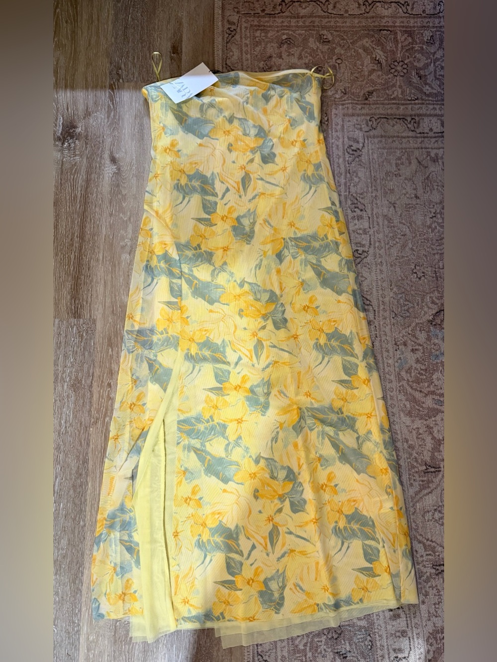 Zara Yellow Floral Maxi Skirt with Green Leaf Print